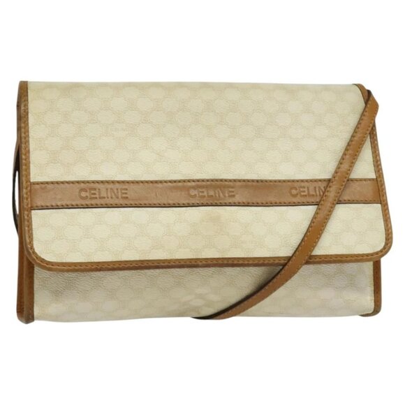CELINE Macadam Canvas Shoulder Bag PVC Leather White Gold - Picture 1 of 16